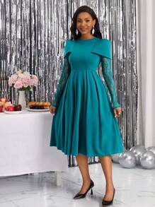 SHEIN Lady Women's Lace Splicing Dress With Angled Pockets Dress For Churches - Teal Blue - View 5