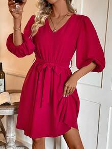 SHEIN LUNE Women's Solid Color Lantern Sleeve Dress With Waist Belt - Red - View 3