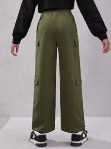 Tween 女孩休閒街頭純色直筒工裝褲 - 軍綠色 - 查看 2