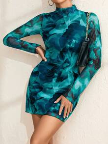 SHEIN Privé 隨機印花立領長袖裙 - 彩色 - 查看 6