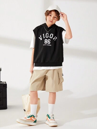 SHEIN 3 Unids/set Chaleco De Punto Sin Mangas Con Capucha Informal Para Niños Preadolescentes + Camiseta De Punto De Manga Corta Sólida + Pantalones Cortos Tejidos De Color Sólido Con Estampado De Letras, Trajes De Verano