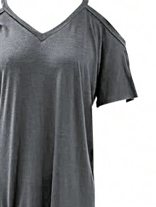 Summer Women Solid Color V-Neck Circular Ring Pleated Dress - Dark Grey - View 3