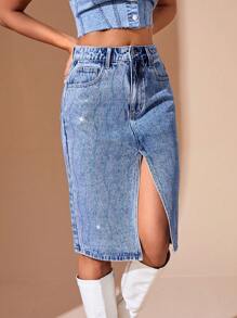 SHEIN BAE Women'S Denim Skirt With Split And Rhinestone Deco - Light Wash - View 5