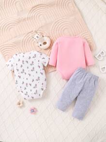SHEIN Baby Girls' Home Outfits, Pink Full Of Flower Long Sleeve Bodysuit, 3pcs Set, Cute Rabbit Ears Design, High Content, Suitable For Spring And Autumn - Multicolor - View 2