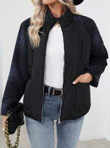SHEIN LUNE Plaid Patchwork Padded Padded Coat Clothes Winter - Black - View 6