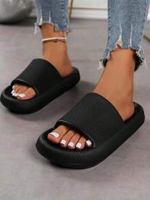 Women'S Solid Color Slides, Casual Soft Sole Bathroom Non-Slip Shoes, Lightweight Sliding Indoor Shoes - màu đen - Xem 4