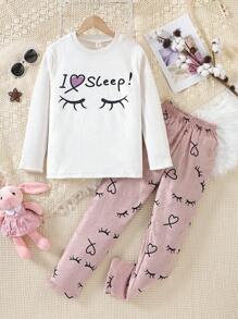 Girls' Flannel Pajama Set With Eyelashes And Heart Patterns - White - View 1