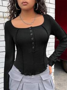 SHEIN EZwear Scoop Cổ Nút Nửa Mặt trước Áo thun - màu đen - Xem 1