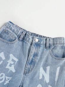 SHEIN Vaqueros De Pierna Recta De Mezclilla Con Estampado Digital De Estilo Casual Para Niño