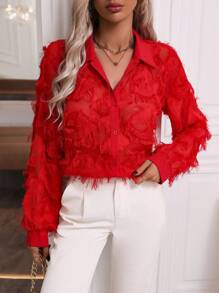 SHEIN Clasi 女磨邊純色燈籠袖襯衫 - 紅色 - 查看 1