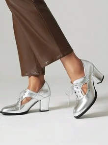 2024 Mùa Xuân & Mùa thu Hàng mới đến Quý cô Dày Gót chân Chóp giầy tròn Giày nữ Baotou , đá Kết cấu Đặc biệt Chất vải , Ở giữa Xu hướng: Cắt giảm , Đúng mốt & Linh hoạt Cao gót Giày dép Với Lace-up - Bạc - Xem 4