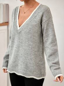 RueChic Drop Shoulder Scallop Trim Sweater - Grey - View 4