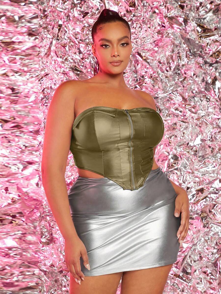 SHEIN SXY Plus Size Solid Color Strapless Top With Zipper & Asymmetrical Hemline