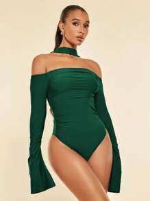 SHEIN BAE 鐘形袖領口連體衣 - 墨綠色 - 查看 1