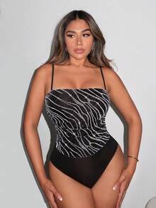 SHEIN SXY prom Glitter Allover Print Cami Bodysuit - Black - View 4