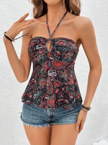 SHEIN VCAY Top de estilo vacacional con cuello halter y diseño de cruz paisley