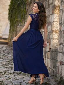 MIUSOL Robe de soirée en mousseline de soie avec corsage en dentelle contrastée et détail ruban - Bleu marine - Voir 3