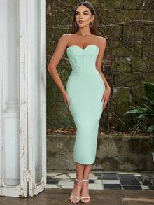 Bandage Dress Simple Sexy Chest Patchwork Slim Back Slit Dress Woman Elegant Cocktail Semi Formal Prom Wedding Guest Dress, For Birthday, Graduation, Dinner, Homecoming Party Dress - Green - View 5