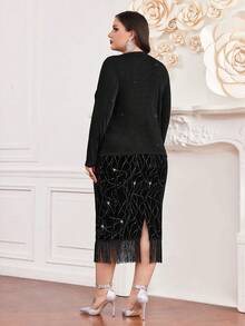 Modelyn Plus Size Women'S Draped Collar Long Sleeve T-Shirt And Patchwork Fringe Hem Skirt Set - Black - View 2