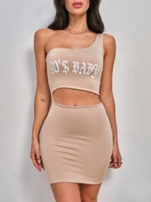 SHEIN Vestido Custo Cut Out Ombro Único Drapeado Lateral - Brown - View 4