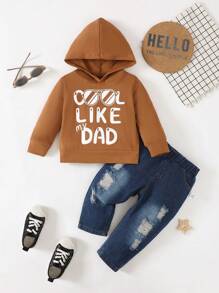 嬰兒男童字母印花連帽衛衣和破洞牛仔褲套裝 - 彩色 - 查看 1