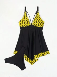 Geo Print Asymmetrical Hem Tankini For Summer Beach Vacation - Multicolor - View 3