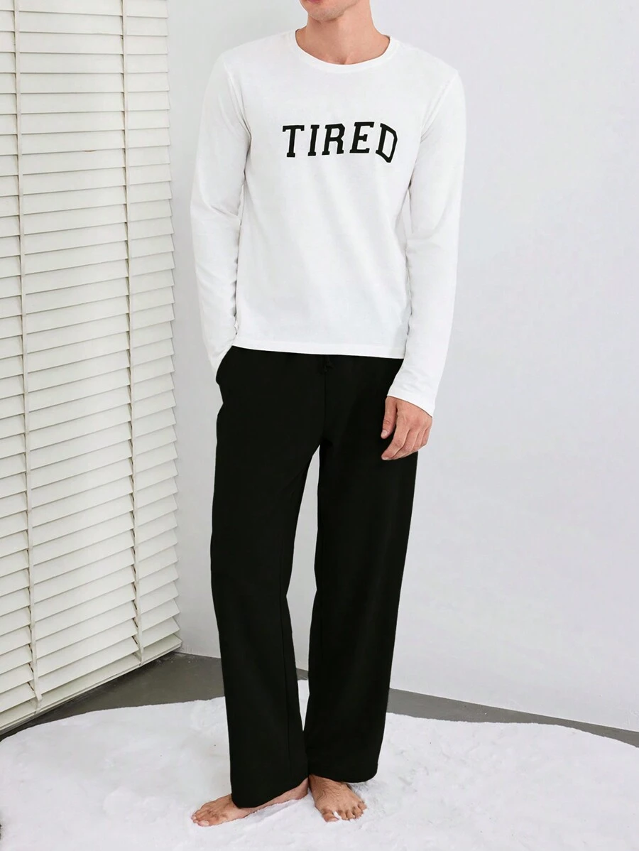 SHEIN Cottnline Men'S Letter Printed Long Sleeve And Pants Homewear Set - Black - View 1