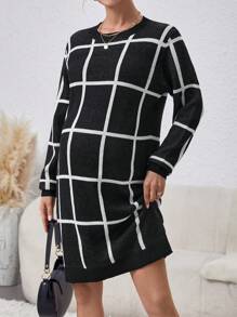 SHEIN 孕妇格子长袖毛衣裙，适合冬季 - 黑色 - 查看 1