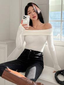 DAZY 女士露肩长袖T恤外出上衣 - 白色 - 查看 4