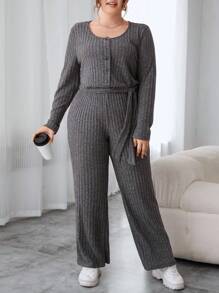 SHEIN Essnce Plus Size Monochromatic Round Neck Long Sleeve Jumpsuit