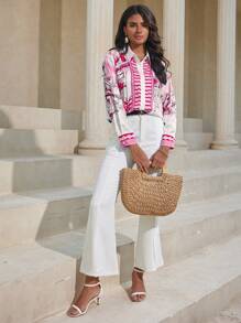 SHEIN Privé 印花拼接長袖襯衫 - 玫紅色 - 查看 3