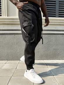 Manfinity Homme Pantalones Cargo Con Eslogan Y Talla Grande Para Hombres - Negro - Ver 5