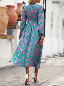 SHEIN LUNE 花卉印花荷叶边袖和收腰细节连衣裙 - 彩色 - 查看 2