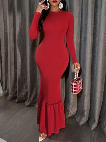 SHEIN Slayr Long Sleeve Mermaid Hemline Dress - Red - View 1