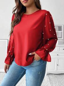 Celure Plus Size Women's Lotus Leaf Sleeve Shirt With Faux Pearl Decor - Red - View 7