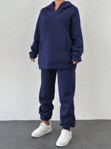 EURMUSE Conjunto de dos piezas con sudadera con capucha y pantalón de chándal de hombros caídos con bolsillo canguro - Azul Marino - Ver 5