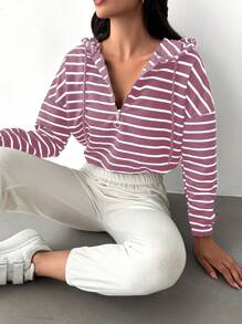 EURMUSE Striped Drawstring Long Sleeve Hoodie - Rusty Rose - View 3