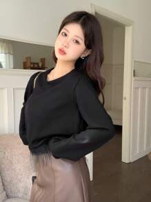 Dazy Star Women's Solid Color T-Shirt With Fringe Hem,Fall Clothes Long Sleeve Women Tops - Black - View 6