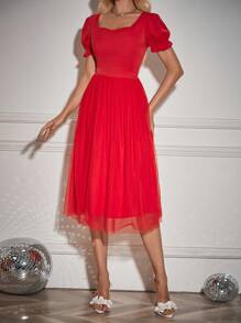Vestido De Princesa Rojo Con Mangas Abullonadas Transparentes Y Cintura Ajustada Para Uso Diario, Primavera Y Verano - Rojo - Ver 5