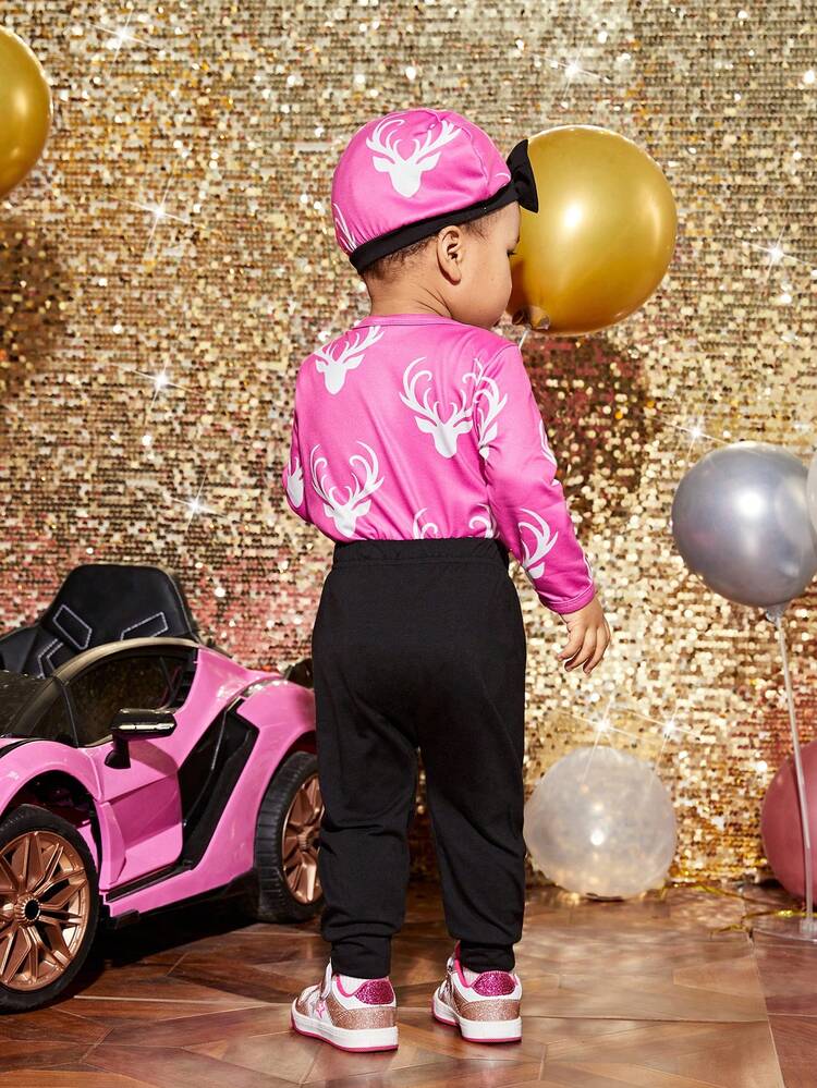 Baby Girls' 3pcs/set Fun Printed Pink Outfit For Autumn & Winter Including Hat, Suitable For Daily Wear And Leisure