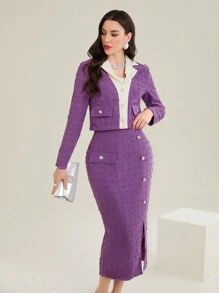 Modelyn Contrast Trim Button-Up Jacket And Asymmetric Skirt Set - Purple - View 1