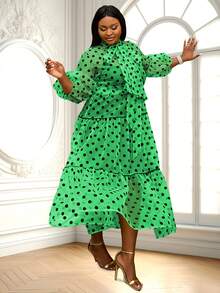 Hơn In vết tròn Polka Tay áo lồng đèn Xù Hoa Sen Váy có thắt lưng - màu xanh lá - Xem 3