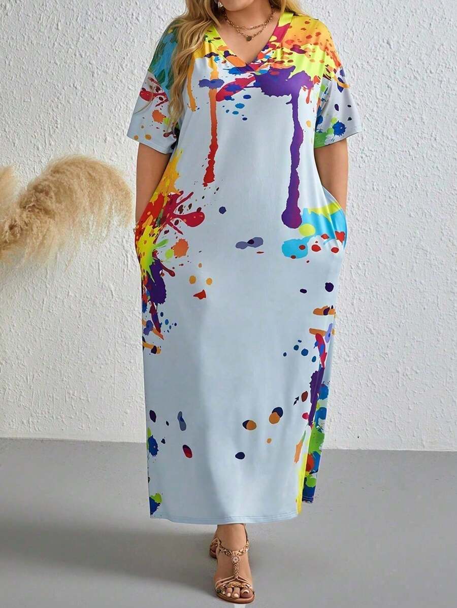 LONESS Plus Graphic Print Hidden Pocket Tee Dress - Multicolor - View 1