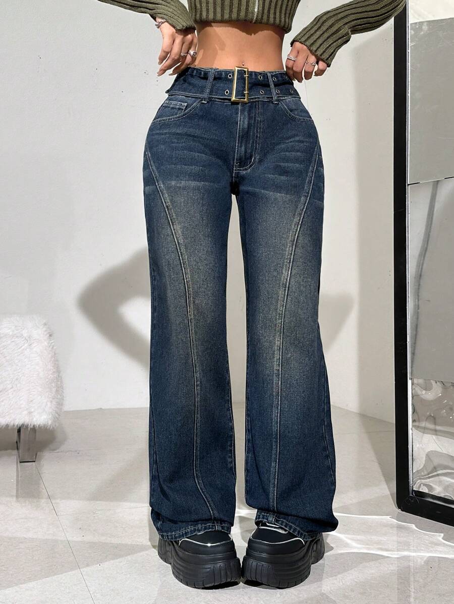 SHEIN ICON 女裝休閒復古喇叭褲 - 藍色 - 查看 1