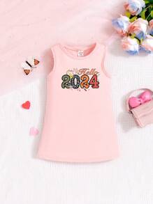 SHEIN Baby Girls' Casual Everyday Dress With Fun Numbers And New Year Pattern - Pink - View 1