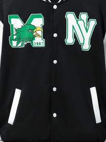 SHEIN Con trai Lỏng lẻo Tiếng Anh Mẫu Khối màu Áo khoác bóng chày - Đen và trắng - Xem 5