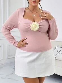 SHEIN Privé 大碼女士長袖t恤,3d花裝飾 - 粉色 - 查看 5