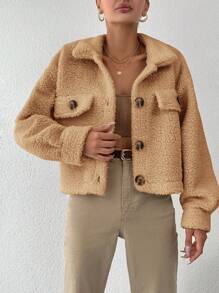 EURMUSE Teddy Jacket With Flap Detail And Drop Shoulder Sleeves - Brown - View 4