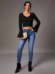 SHEIN Tall Solid Color Lace Patchwork Long Sleeve T-Shirt