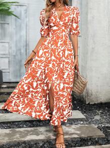 SHEIN LUNE Plant Printed V-Neck Split Hem Dress Maxi Women Outfit - Orange - View 7
